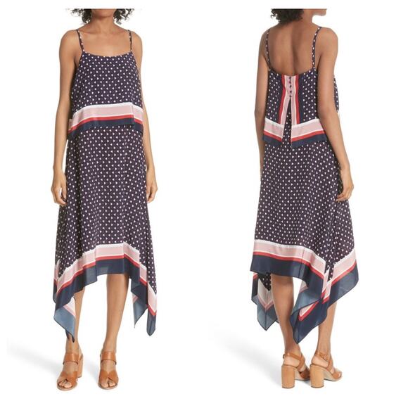 Joie Seia Handkerchief Dress Medium Navy Blue Silk Midi Triangle Print Casual - Picture 1 of 10